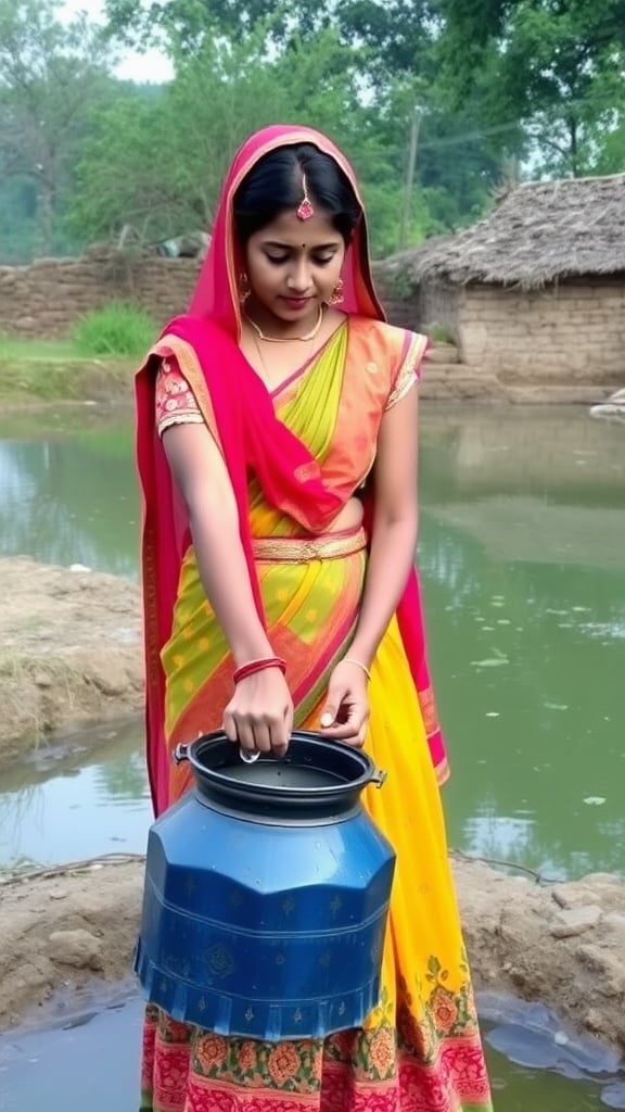 A woman in colorful traditional attire fetching water from a village pond, with a rural background and clay huts.