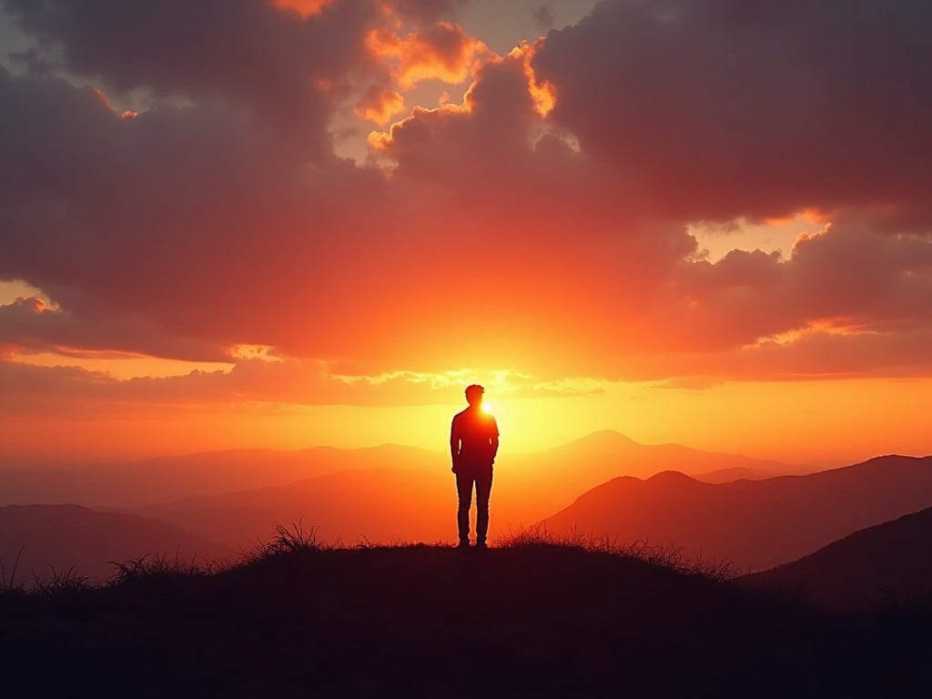 a person silhouetted against a vibrant sunset on a mountain, with a dramatic sky and warm colors