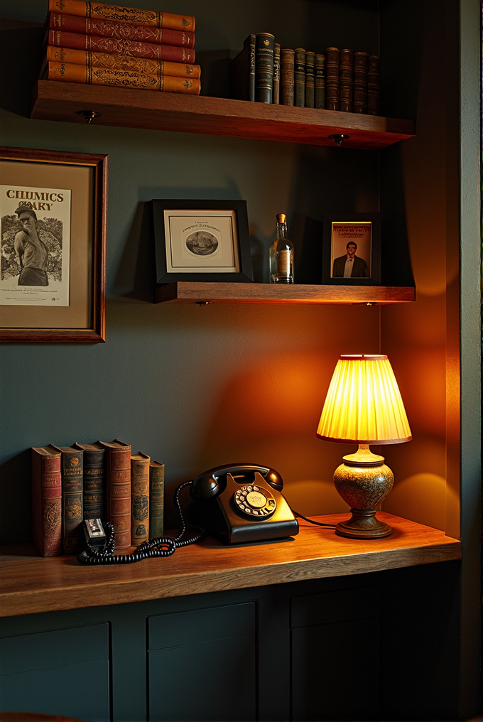 A cozy corner featuring a vintage rotary phone and a warm-glowing lamp on a wooden shelf, surrounded by classic books and framed art.