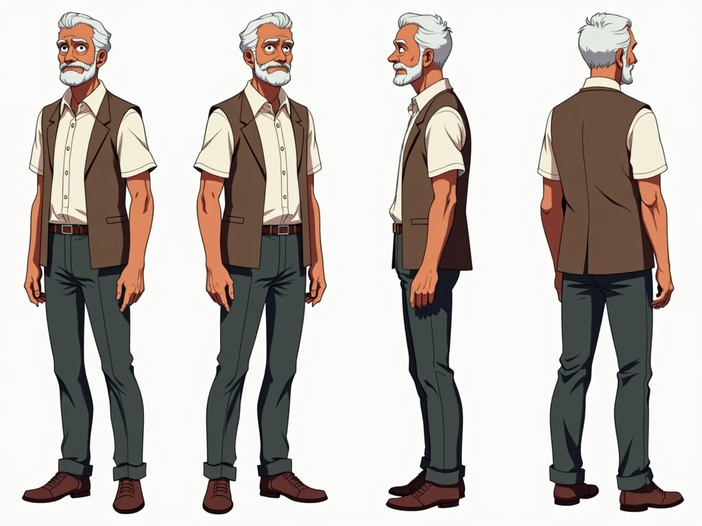 This image depicts an animated character design of an elderly man with grey hair and a beard. He wears a light-colored shirt under a dark vest and has light green pants. The character stands confidently with a straight posture, showing multiple angles including front, side, and back views. The design includes details on clothing and features, making it suitable for animation and merchandising. The character's overall appearance suggests wisdom and experience, making him an engaging figure for storytelling.