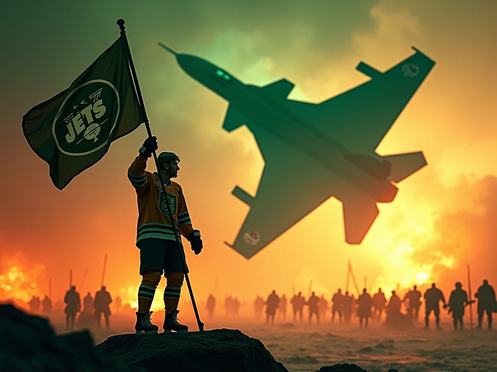 The image features a lone figure in a hockey jersey holding a flag, standing against a dramatic backdrop of smoke and fire. In the sky above, a military jet zooms by, suggesting action and intensity. The setting implies a blend of sports and military themes, creating a unique visual narrative. This character symbolizes pride and strength, representing a sports team amidst chaos. The colors are bold and vibrant, contributing to an epic atmosphere.