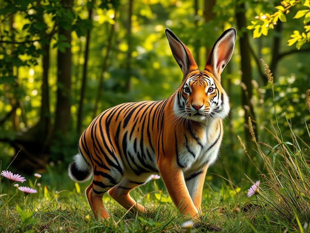 This imaginative digital artwork features a hybrid creature that combines the body of a rabbit with the head and stripes of a tiger. Set against a lush, vibrant green forest background, the creature stands poised among wildflowers and tall grasses. The merging of rabbit and tiger elements brings a whimsical and fantastical quality to the image, encouraging viewers to delve into a world of mythical creatures.