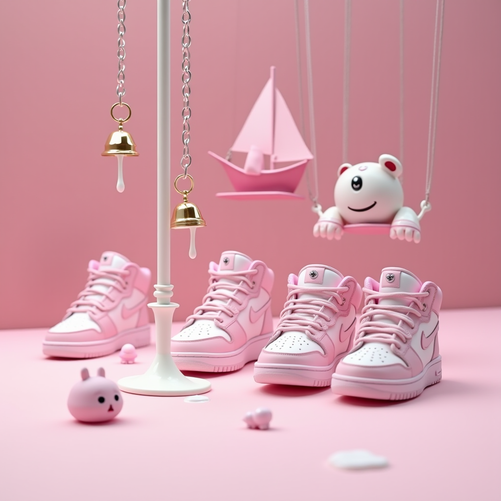 A whimsical scene with pink sneakers, a smiling bear on a swing, miniature boats, and golden bells against a soft pink backdrop.