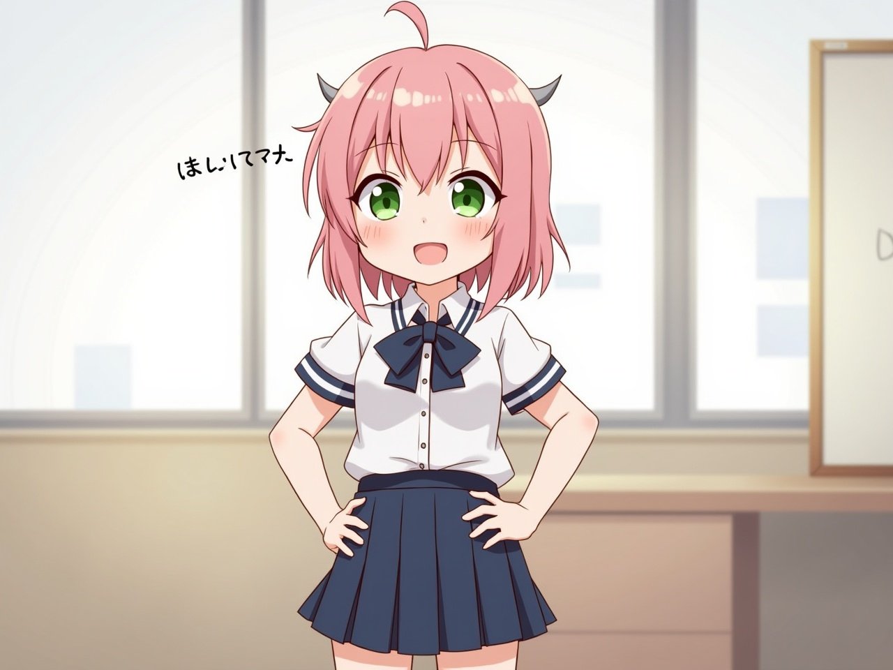 The image features a cute anime character named Anya Forger from the series Spy x Family. She is portrayed with pink hair styled in a bob, accented with small horns and an ahoge. Anya has striking green eyes and is wearing the Eden Academy school uniform, which consists of a white shirt and a dark blue skirt. The setting is a classroom with a window in the background, allowing natural light to highlight her cheerful expression. With her hands on her hips and a broad smile, Anya demonstrates confidence and approachability, making her an engaging character that viewers can connect with.