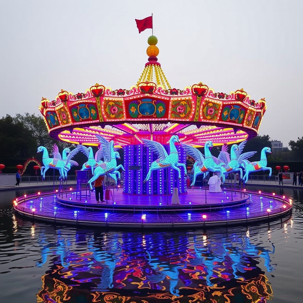 A brightly lit carousel with winged horse designs is reflected in a calm body of water.