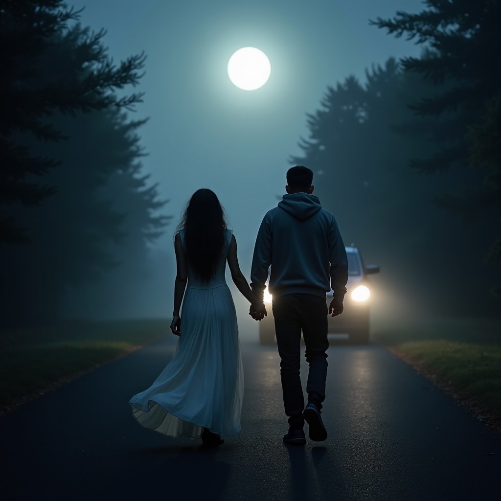 A couple walks hand-in-hand down a foggy road under the moonlight. The scene is atmospheric, evoking romance and mystery. The woman in a flowing white dress contrasts with the man's casual hoodie. A car's headlights light the path, emphasizing the couple's journey. Surrounding trees shroud the situation in darkness, enhancing the enchanting vibe of the night.