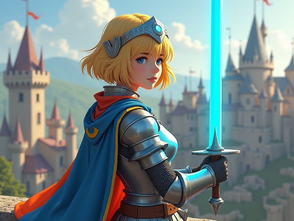 This vivid digital illustration portrays a young knight standing on a castle rampart. She wears shining armor and a blue cloak with golden accents. Holding a glowing blue sword, she appears confident and valiant. The castle towers in the background and distant mountains create a majestic setting under blue skies filled with fluffy clouds.