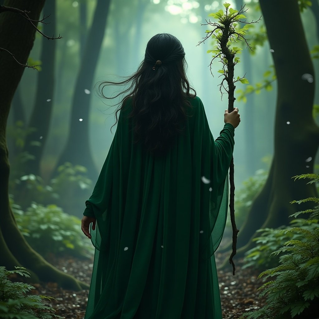 Deep in an old forest, a female witch stands with her back to the viewer. She has long dark hair flowing down her back, adorned in a flowing deep green cloak that blends with the forest. In her hand, she holds a mystical staff, symbolizing her connection to nature. The atmosphere is thick with mist, creating an ethereal and magical ambiance. Soft light filters through the trees, enhancing the sense of wonder and fantasy.