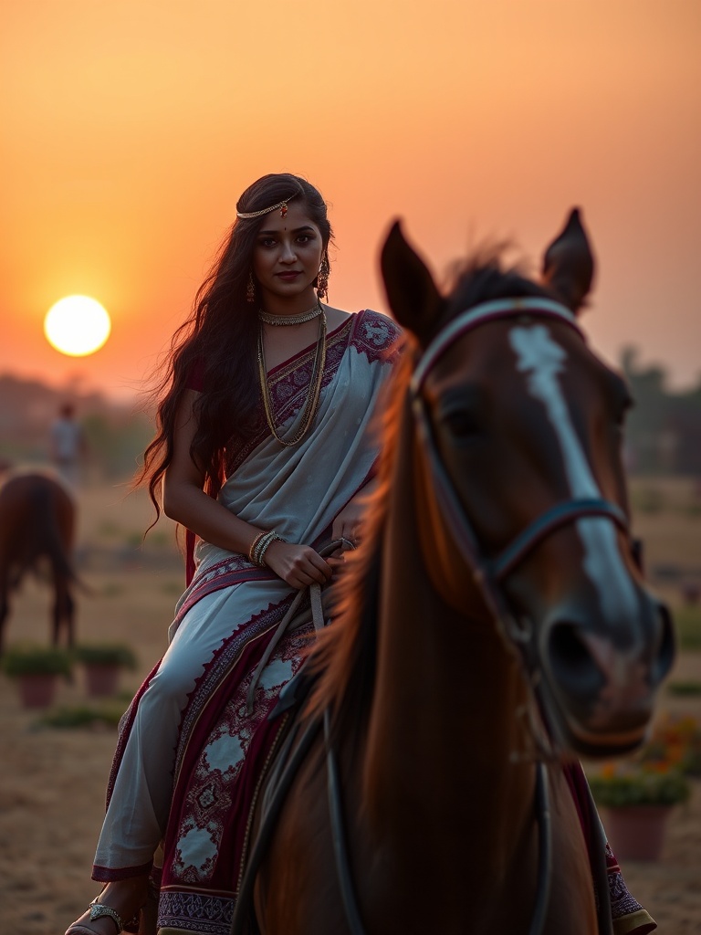 A woman dressed in traditional attire rides a horse against the backdrop of a stunning sunset. Her sari with intricate designs complements the warm hues of the setting sun. The horse is in the foreground, creating a dynamic composition that highlights both the rider and the scenic environment.