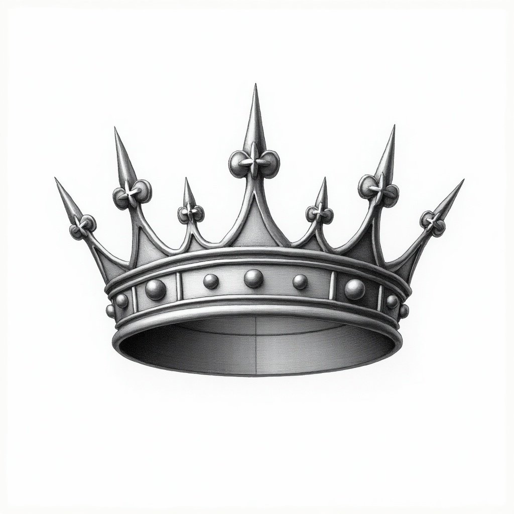 This image features an orthographic drawing of a crown, emphasizing its regal design. The crown is depicted in a symmetrical view, showcasing intricate details like spikes and decorative elements. Its color is primarily gray and silver, giving it a metallic look. The crown symbolizes authority and royalty, making it a significant motif in various cultures. This artistic representation serves as an ideal illustration for themes related to monarchy, power, or historical significance.