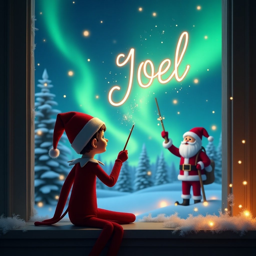 An enchanting scene featuring an elf on the shelf, with his back to the viewer. The elf is sitting on a windowsill, using a wand to elegantly write the name 'Joel' in the sky. The backdrop is a magical Christmas landscape, showcasing vibrant northern lights and a joyful Santa Claus in the distance. Snow-covered trees add to the festive ambiance, while twinkling lights create a warm atmosphere. The elf appears focused and joyful, embracing the spirit of Christmas as he casts his magic.