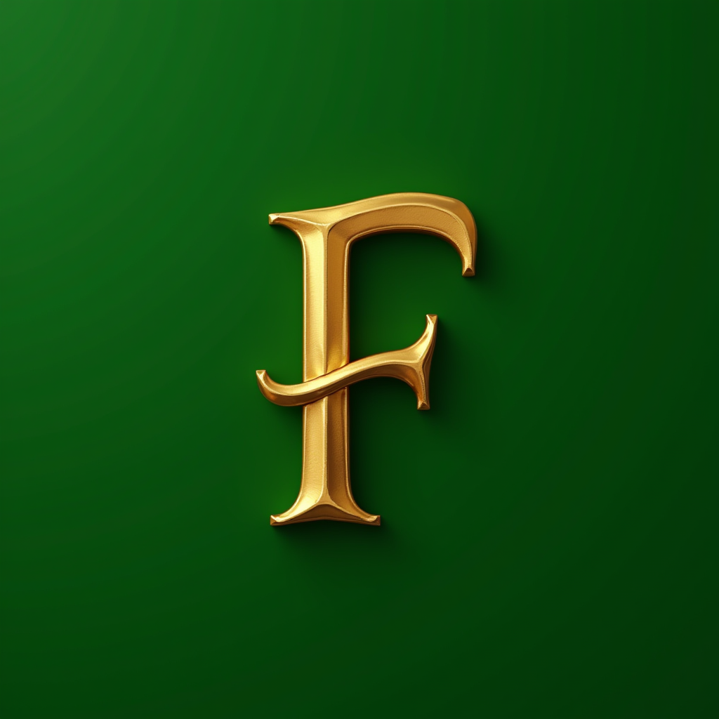 A gold, ornate capital letter F on a rich green background.