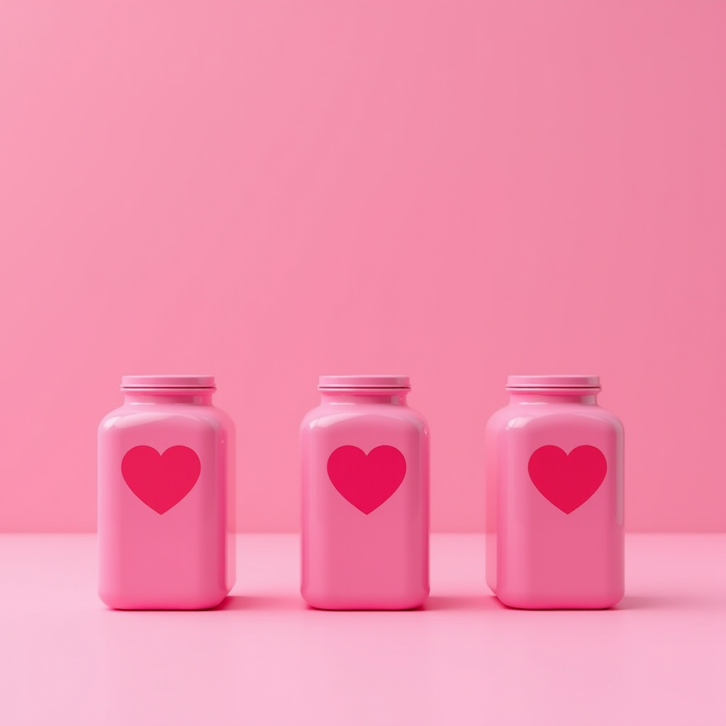 The image features three identical pink jars arranged side by side in front of a matching pink background. Each jar is adorned with a prominent red heart symbol on its front, creating a harmonious and visually appealing composition. The overall tone is soft and romantic, with the use of pastel colors enhancing the aesthetic's calming and affectionate vibe. The reflections and shadows are subtle, adding a touch of depth and realism to the minimalist design.