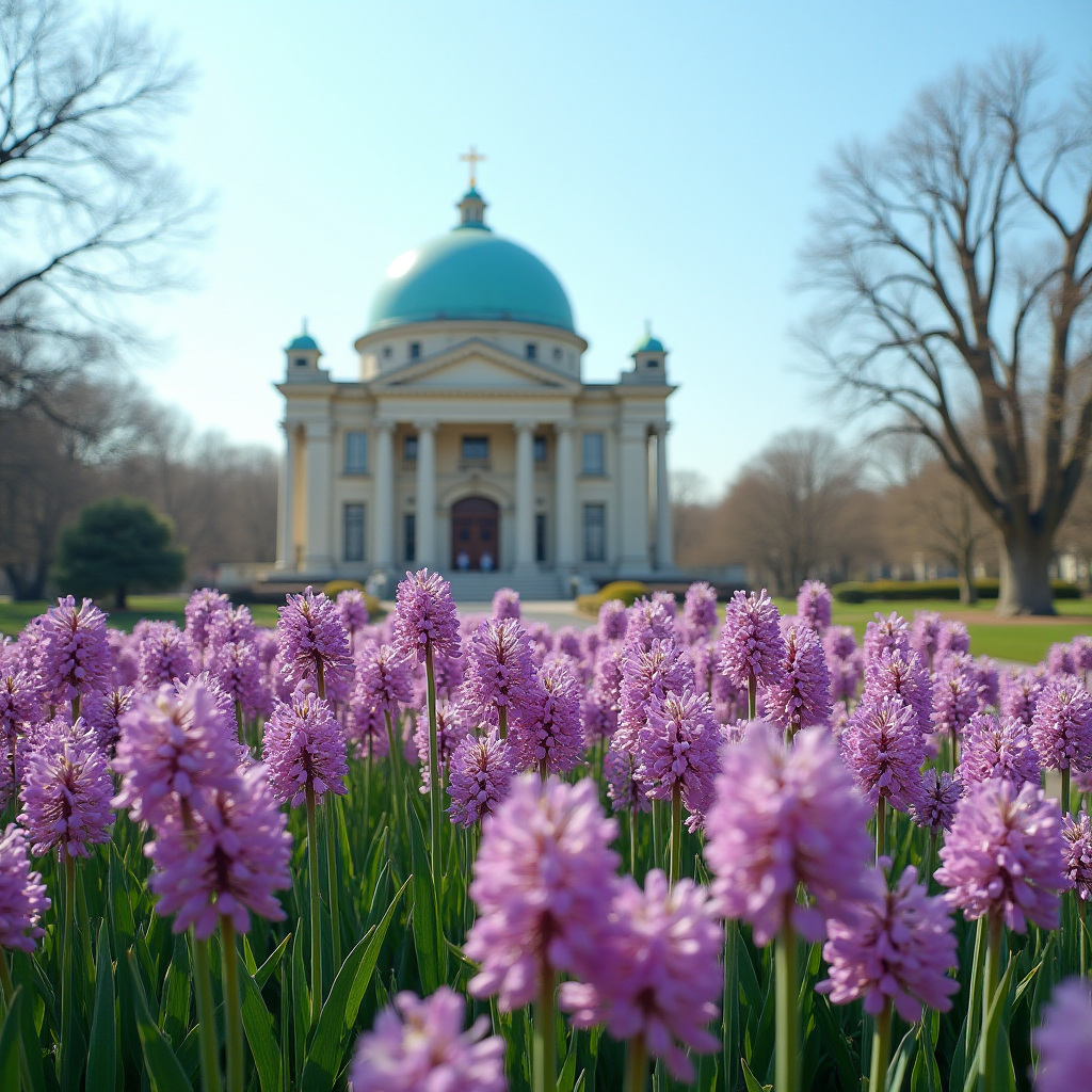 The image features a picturesque scene with a grand building in the background, characterized by its large dome and cross on top, suggesting it might be a church or similar religious structure. The architecture is classical, with columns framing the entrance. In the foreground, there is a vibrant field of purple flowers, possibly hyacinths or similar blooms, creating a striking contrast with the building and adding a sense of tranquility and beauty. The sky is clear and blue, indicating a sunny day, with bare trees suggesting early spring.