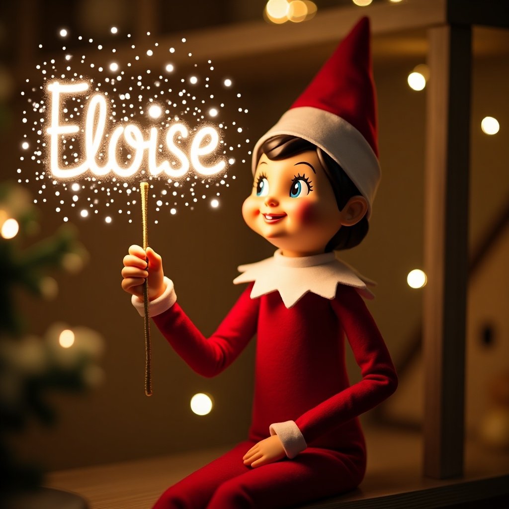 This image depicts a charming red girl elf on a shelf, embodying the holiday spirit. She is wearing a classic red outfit with white accents and has a joyful expression. In her hand, she holds a glowing wand that emits sparkling light, creating a magical atmosphere. The warm lighting enhances her cheerful demeanor and festive aura. The background is softly blurred, emphasizing the elf as the main focus. Eloise wields a wand to write the name 'Eloise' in the sparkling sky.