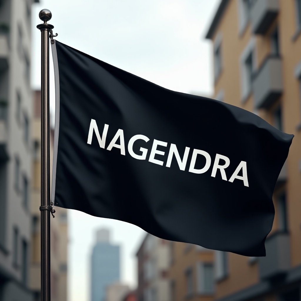 The image depicts a black flag with the letters 'NAGENDRA' in white, elegantly flying against a blurred urban background. The flag flutters in the breeze, symbolizing a statement or movement. The backdrop features an indistinct cityscape, adding context without overpowering the main subject. A polished metal pole holds the flag upright, contributing to the overall compositional seriousness. The soft focus emphasizes the importance of the flag's message while maintaining a contemporary urban atmosphere.