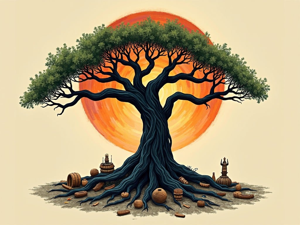 This image showcases a large tree with intricate branches and roots, set against a vibrant orange sunset. The tree is thick and detailed, symbolizing strength and resilience. Around the base of the tree are various natural elements such as barrels and pottery, indicating a connection to tradition and craftsmanship. The warm colors evoke feelings of tranquility and harmony with nature. Overall, the artwork conveys a strong message about environmental respect and the importance of nature in our lives.