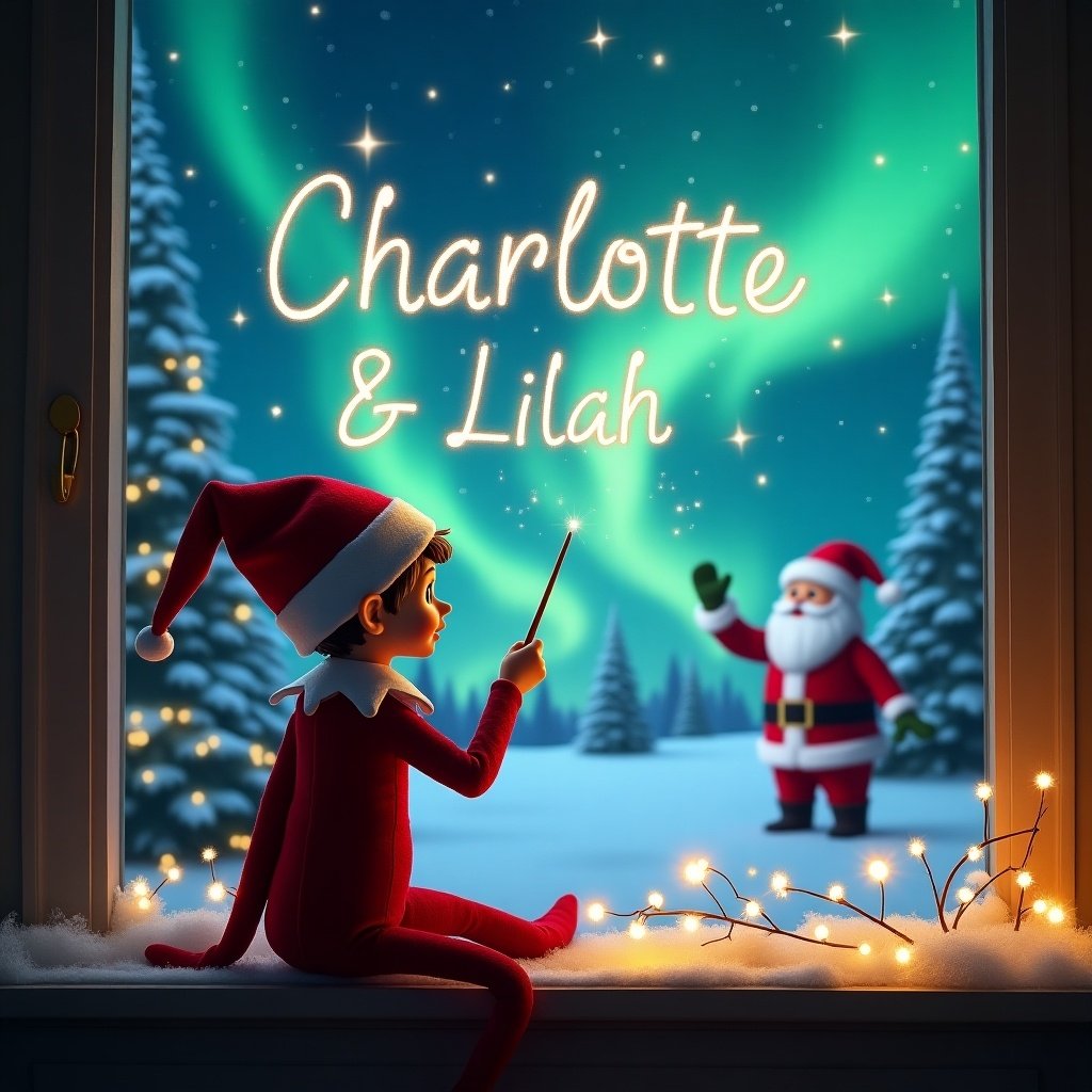 The image features an elf on the shelf sitting on a window ledge, facing the night sky. The elf, dressed in a red outfit, is using a magic wand to write elegantly in the sky. In the background, there are vibrant northern lights illuminating a snowy scene. A jolly Santa Claus is visible, adding to the magical holiday atmosphere. The names 'Charlotte & Lilah' are written beautifully in bright, sparkling letters. The scene is warm and inviting, perfect for a Christmas celebration.