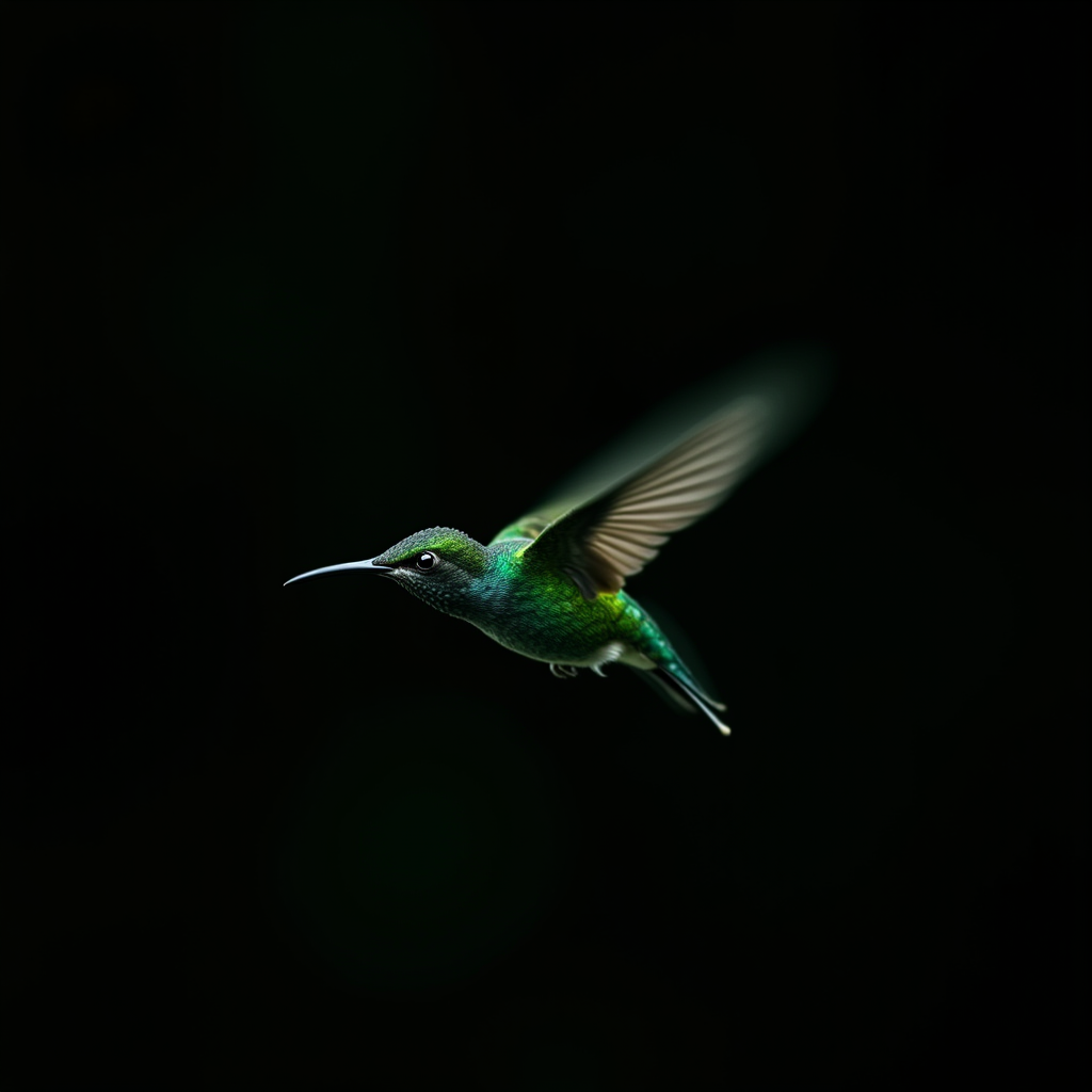 A vibrant green hummingbird with iridescent feathers is captured mid-flight against a nearly black background, highlighting its swift movements and delicate form.