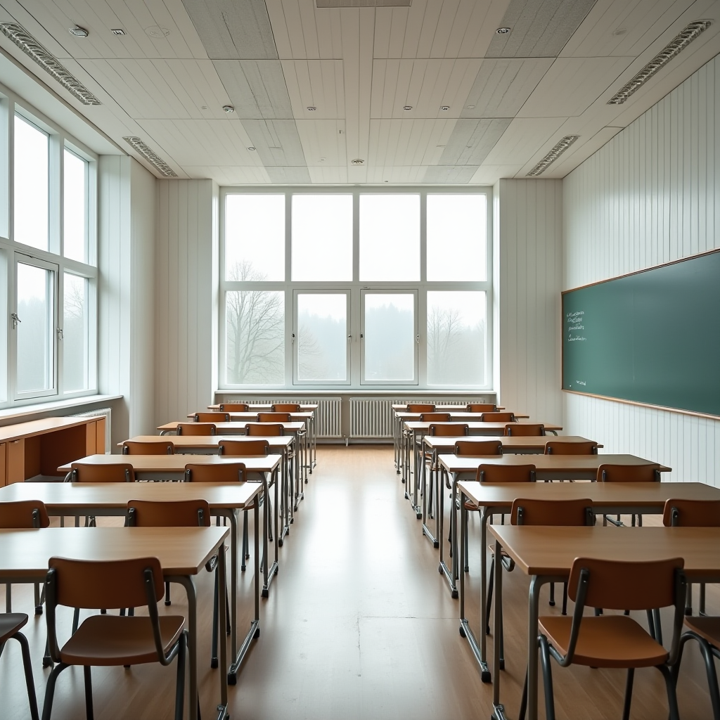 An empty classroom with neatly arranged desks and chairs, featuring large windows and a green chalkboard.