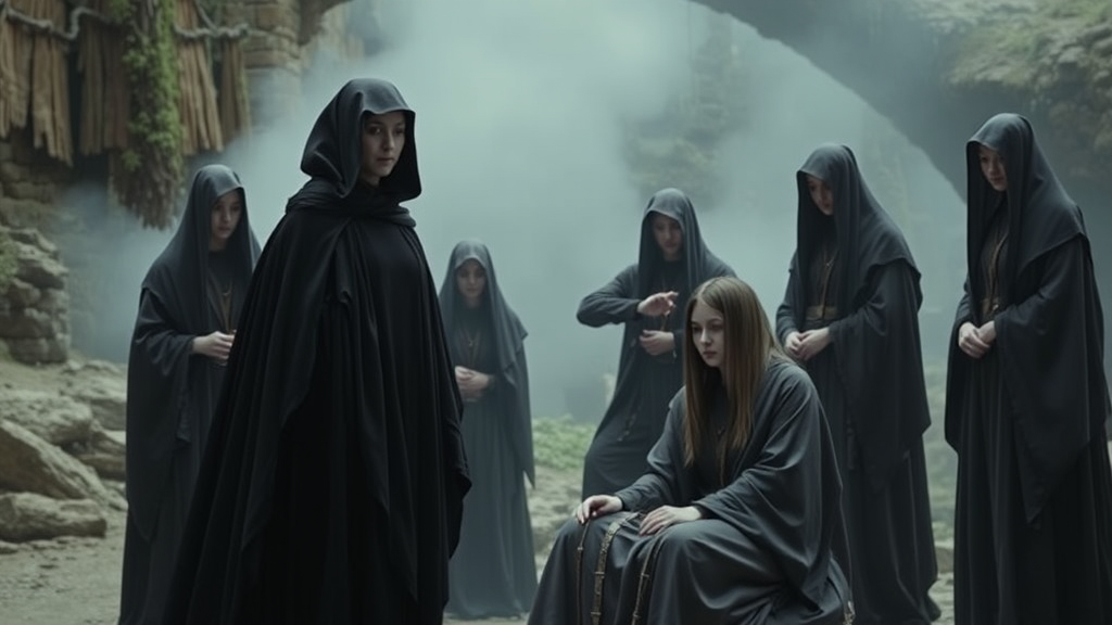 A group of hooded figures in black robes stands solemnly in a foggy stone setting.