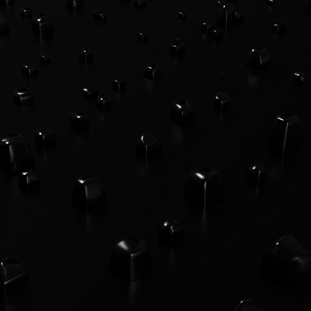 A pattern of shiny black cubes is arranged on a dark background, creating a visually striking and minimalist design. The cubes have reflective surfaces, adding depth and dimension to the overall look. The scene is set in a dimly lit environment, highlighting the sleekness of each cube. Variations in the shapes and sizes of the cubes contribute to an abstract feel. This imagery evokes a sense of modernity and sophistication, perfect for contemporary design applications.