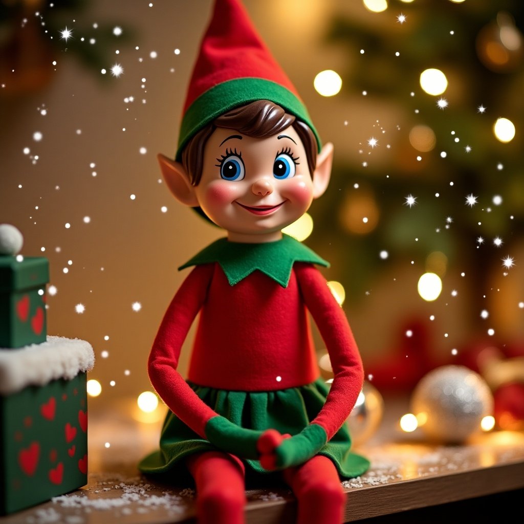 This image features a cheerful Christmas elf doll, part of the Elf on the Shelf brand, sitting on a wooden table. The elf has a bright red and green outfit and large expressive eyes, exuding a playful holiday spirit. Snowflakes are gently falling in the scene, adding a magical touch. Behind the elf, there are soft glowing lights and decorated holiday gifts. The atmosphere is warm and inviting, perfect for the festive season. This playful character embodies the joy of Christmas and is ideal for various holiday-themed content.