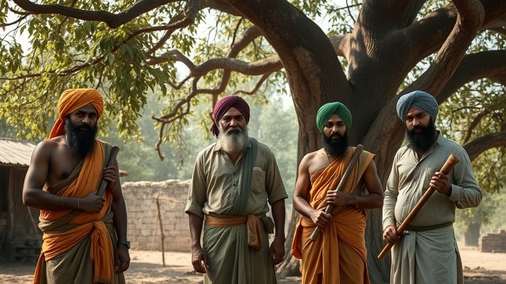 A group of four men in traditional attire standing under a large tree, each holding a stick. The setting appears to be rural, with natural lighting highlighting the earthy tones. The men's expressions are calm yet determined.