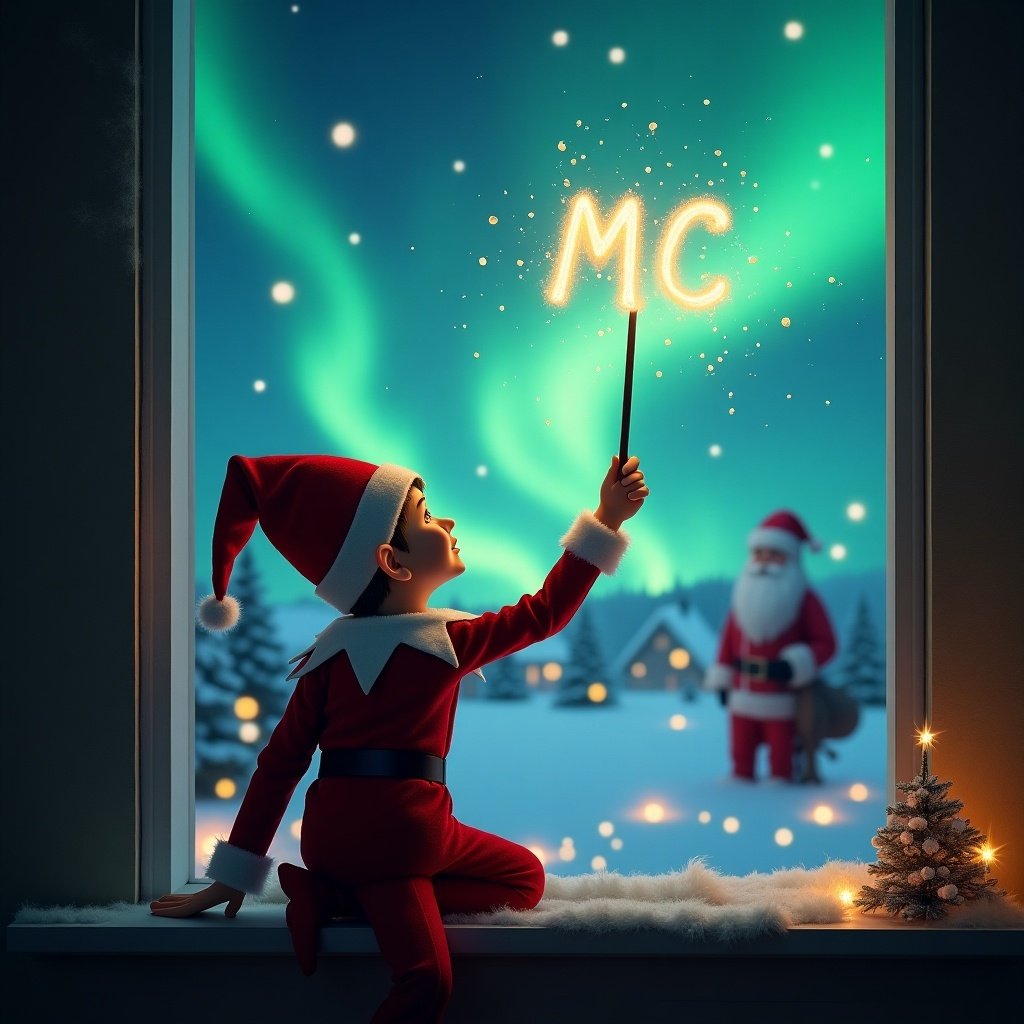 An adorable Elf on the Shelf sits by a window, gazing at the sky. With a whimsical wand, the elf is magically writing 'MC' in the air. Outside, a stunning display of northern lights dances in the background. Santa Claus can be seen arriving in his sleigh, adding to the festive scene. The atmosphere is enchanting and filled with Christmas spirit, making it a delightful holiday image.