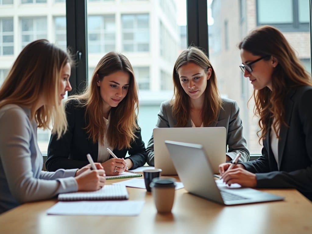 The image portrays a focused group of four women collaborating in a professional setting. They are seated around a table with a laptop and notebooks, actively engaged in discussion. Each woman is taking notes or typing, highlighting their teamwork. The environment is modern, with large windows that provide ample natural light. Their attire is business professional, conveying a serious yet collaborative atmosphere.