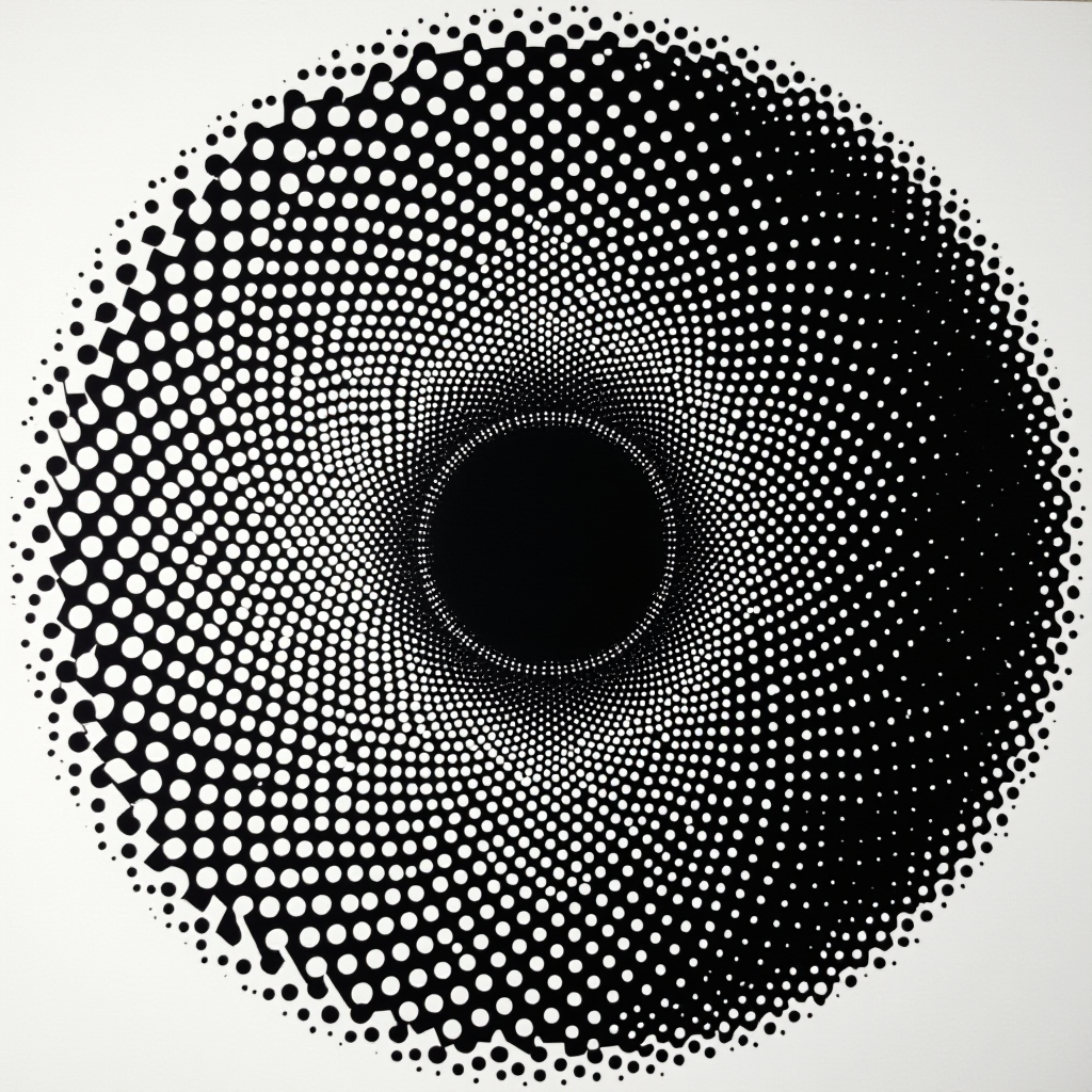 A mesmerizing black and white circular pattern with a dot gradient forming an optical illusion.