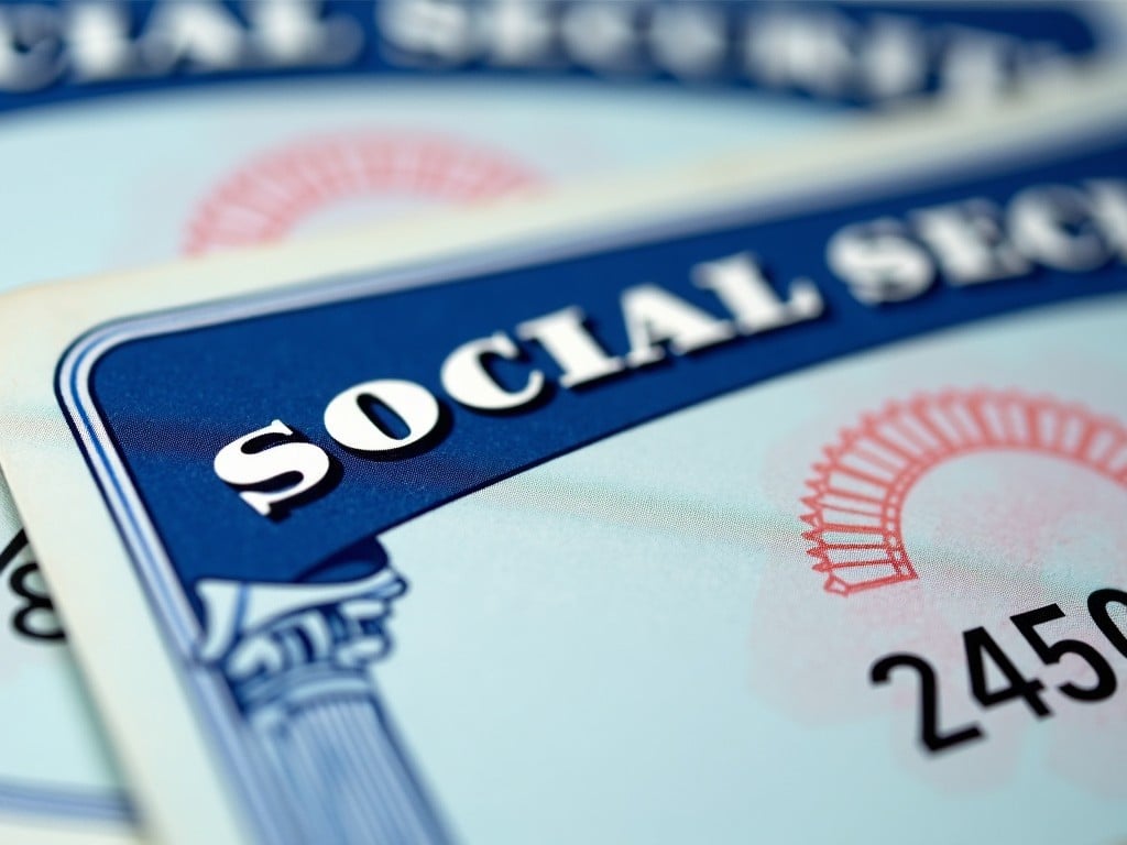 This image features close-up shots of Social Security cards, emphasizing the design and lettering. The cards display the prominent title 'SOCIAL SECURITY' in bold, blue lettering. The focus is on the unique card details, including numbers. The lighting is bright, highlighting the intricate design of the cards. These cards are significant for identity verification and financial matters. The composition captures both aesthetic elements and practical importance of these documents.