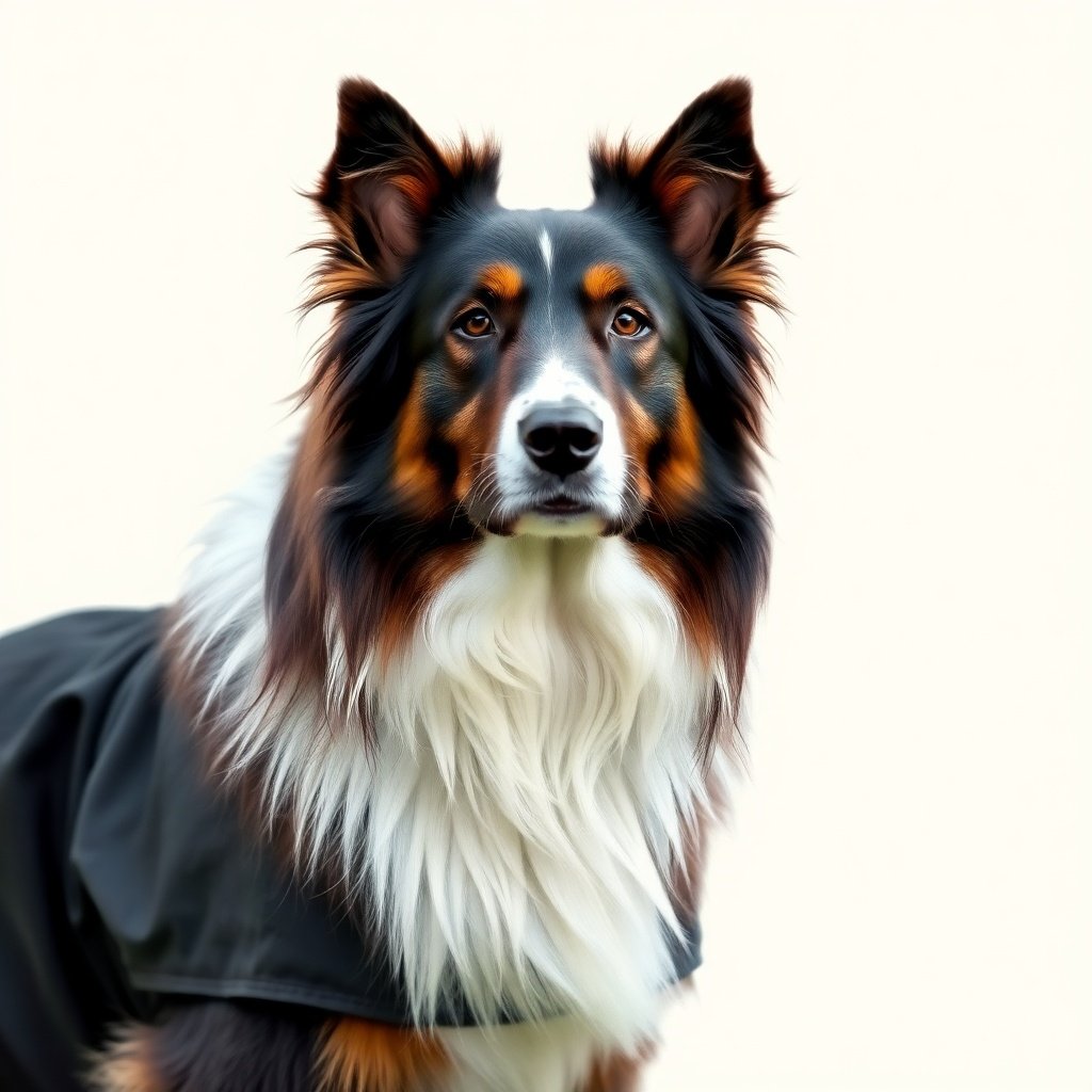 A detailed close-up portrait of a tri-color dog, possibly a Border Collie or Shetland Sheepdog, wearing a coat, with a plain background.