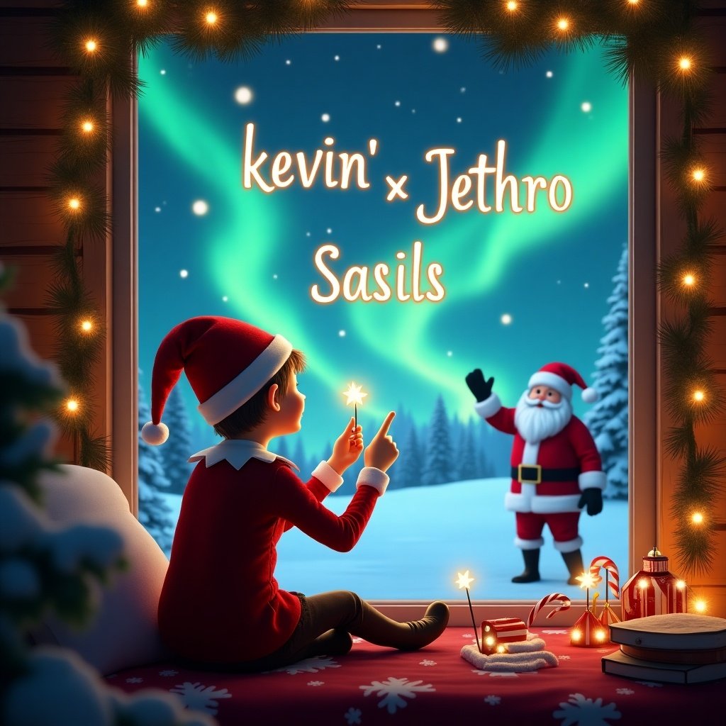 A cozy holiday scene features an elf seated by a window with his back to the viewer. The elf faces a magical sky, holding a wand and writing the names 'Kevin' and 'Jethro' in glowing letters. Outside, the snowy landscape is illuminated by vibrant northern lights, while Santa Claus waves cheerfully in the distance. The window is framed with cozy holiday decorations enhancing the festive atmosphere. The entire scene beautifully captures the enchanting spirit of Christmas.