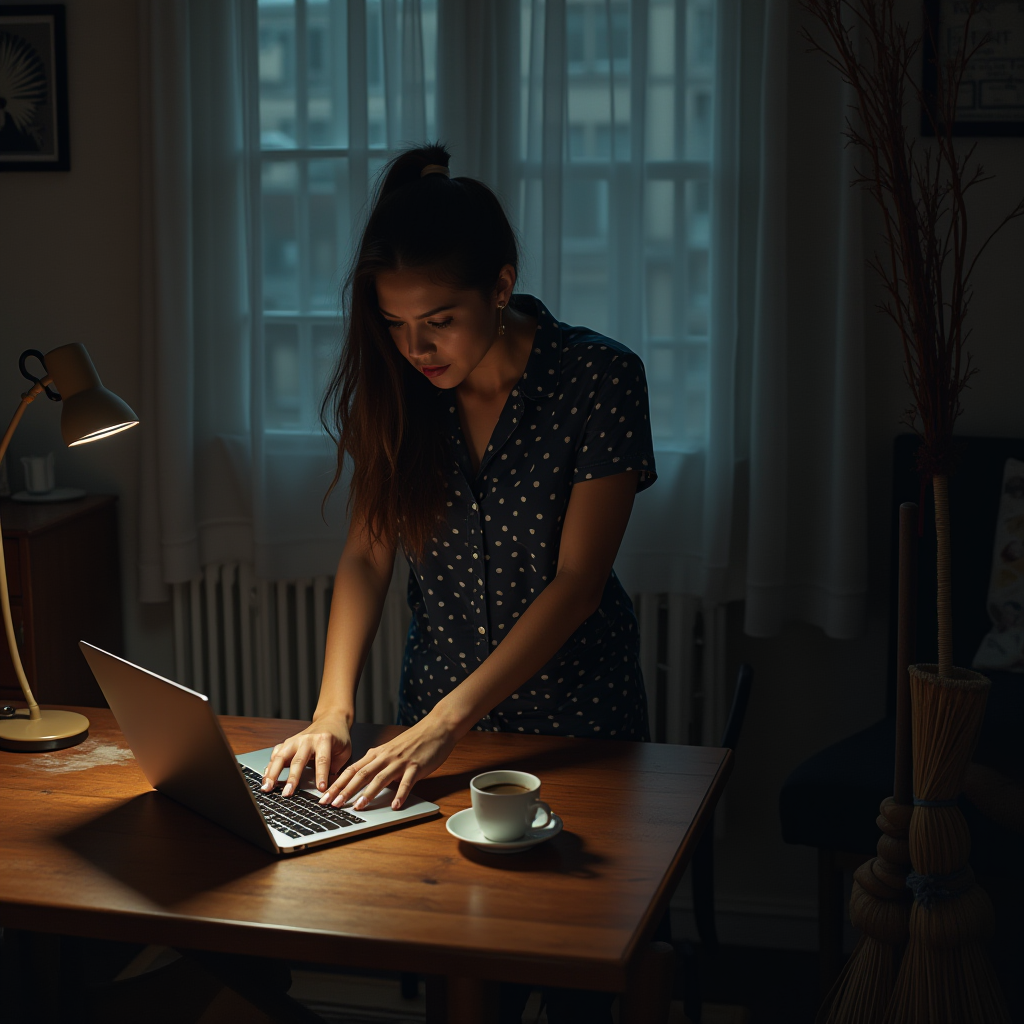 A person focused on working at a laptop under a warm desk lamp light in a dimly lit room.