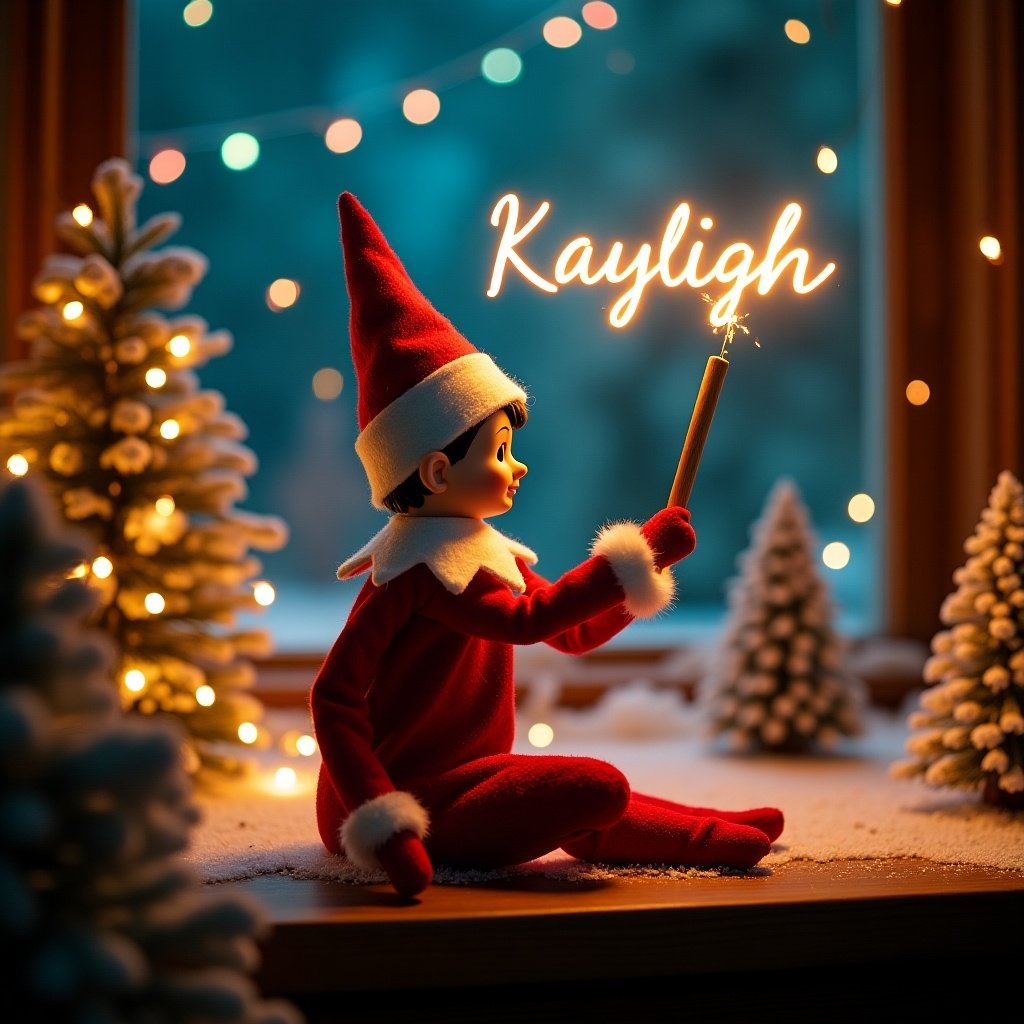 This enchanting image captures the spirit of the holiday season with an elf on the shelf. The elf, dressed in vibrant red and white, is seated, joyfully wielding a magic wand that writes 'Kayleigh' in a glowing script. Behind the elf, the backdrop is illuminated by beautiful northern lights, heightening the magical ambiance. Surrounding the elf are charming miniature snow-covered trees, enhancing the festive atmosphere. Overall, the scene evokes a sense of wonder and excitement, perfectly embodying the joy of Christmas.