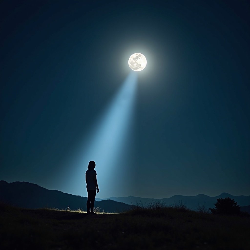 The image features a silhouette of a person standing on a landscape under a beautifully illuminated full moon. The moon casts a strong beam of light that extends down from the sky, illuminating the ground and creating a mystical atmosphere. The background consists of dark mountains, enhancing the focus on the moon and the person. The scene evokes feelings of wonder and contemplation, as the viewer can imagine what thoughts this solitary figure might be having. The overall tone is serene yet dramatic, capturing a moment of quiet reflection.