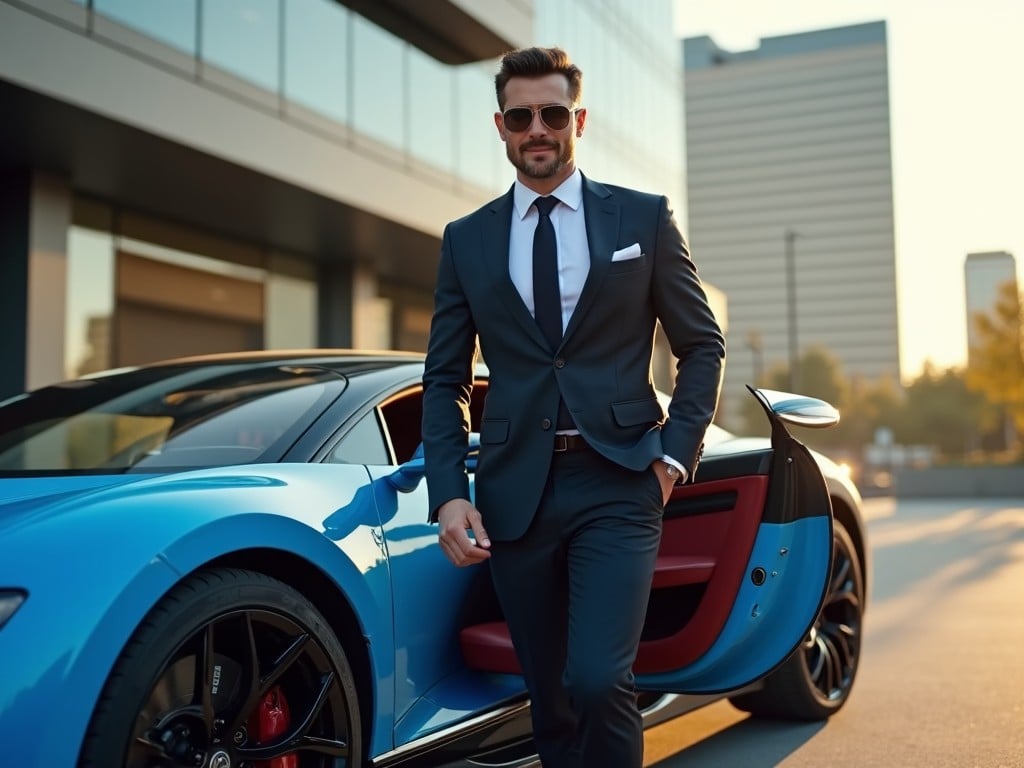 A stylish, rich man steps out of his stunning blue Bugatti, showcasing a sharp business suit and cool sunglasses. He exudes confidence as he heads toward his office building. The luxury car has its door wide open, suggesting a dynamic lifestyle. The backdrop features modern buildings shimmering in the evening light. This scene captures the essence of wealth and success in a contemporary urban setting.