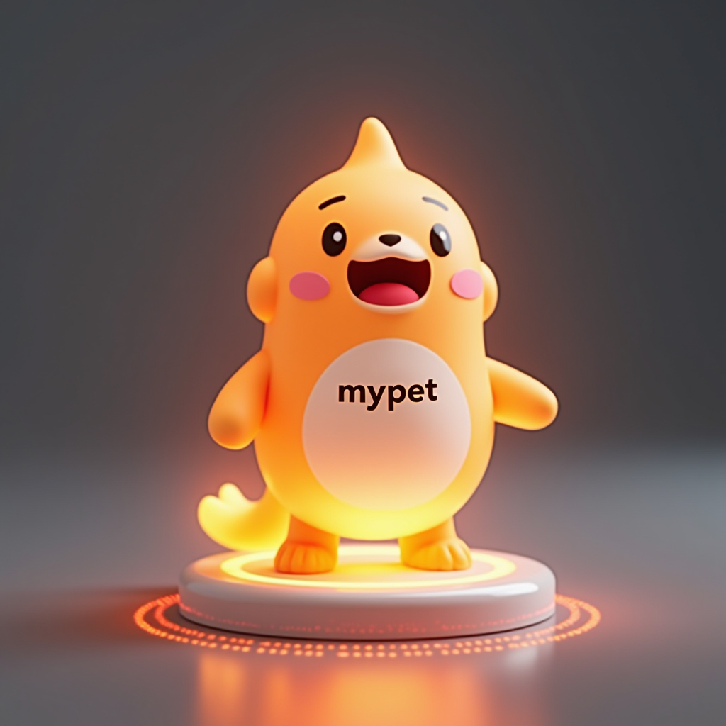 A cute, glowing cartoon creature stands on a lighted circular platform.