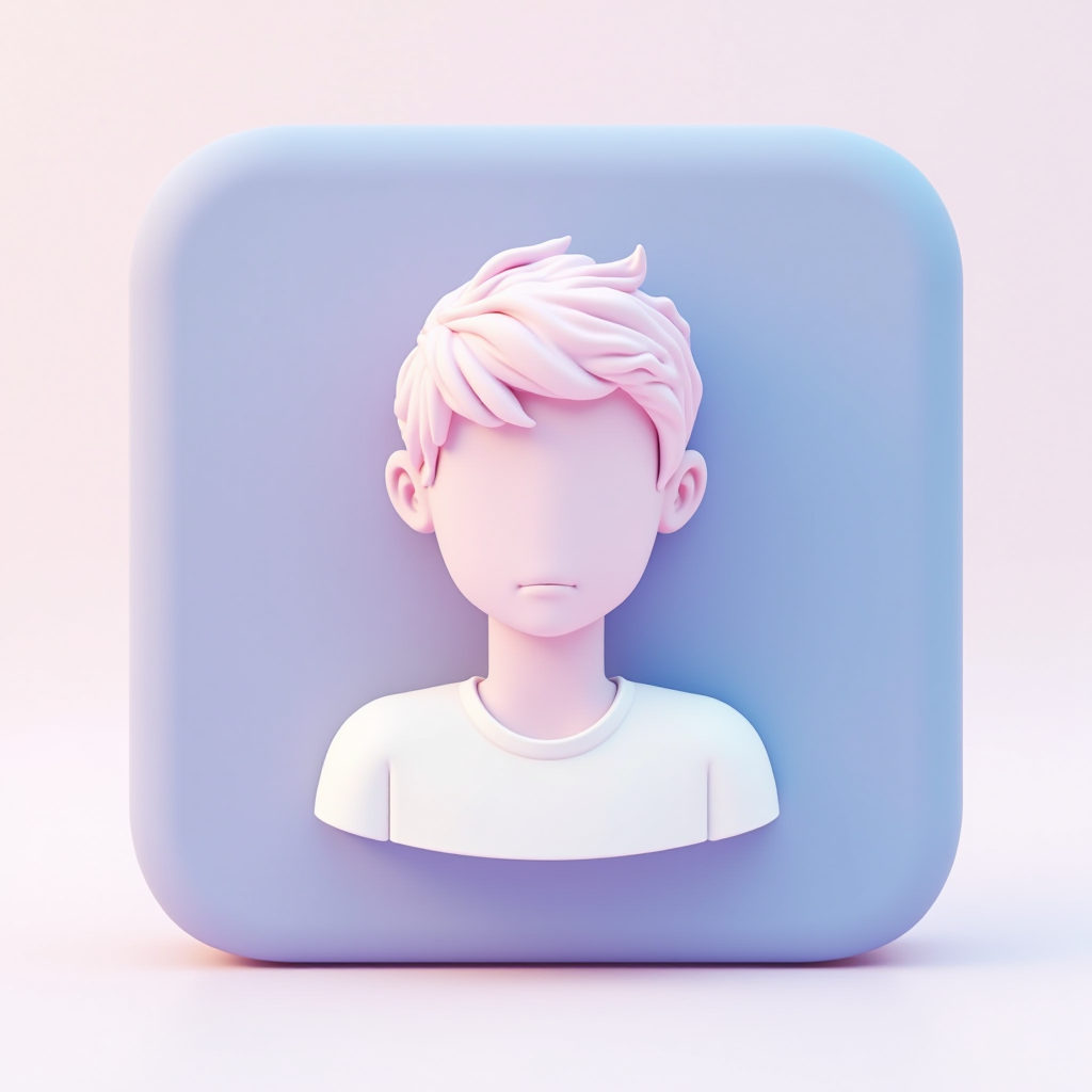 A 3D illustration of a simplified, faceless character with stylized hair in a pastel color palette.