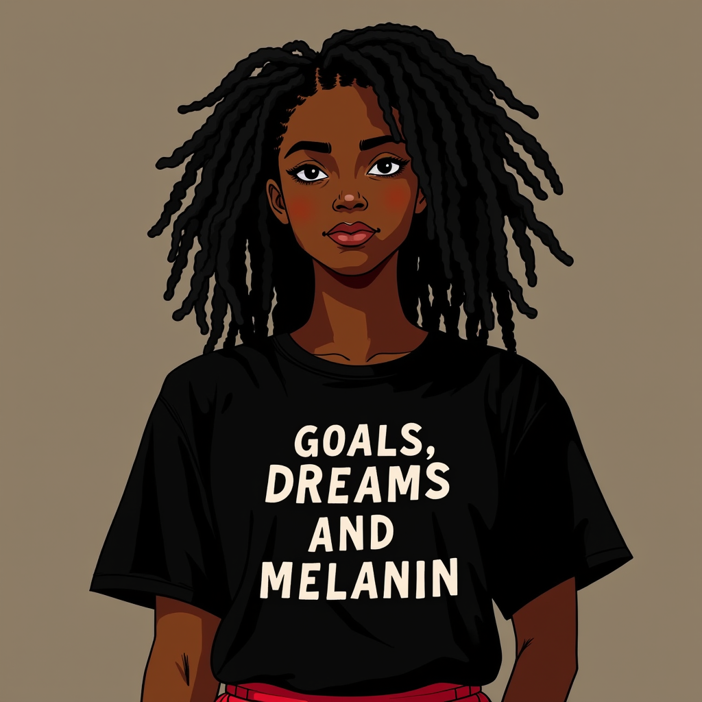 A person with vibrant natural hair wears a t-shirt stating, "Goals, Dreams and Melanin."