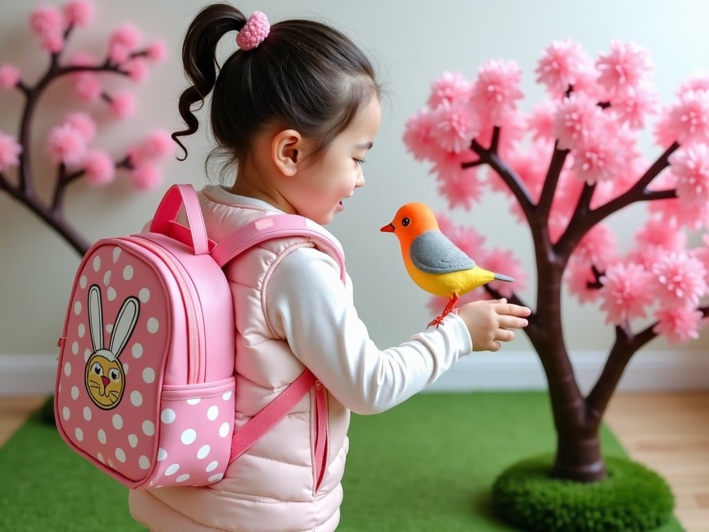 A young girl with a pink backpack holding a colorful bird as she stands next to a cherry blossom tree.