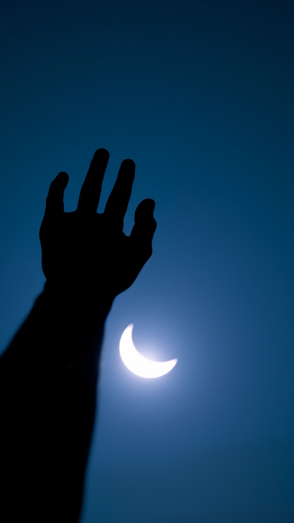 A silhouetted hand reaches towards a crescent moon in a deep blue sky.