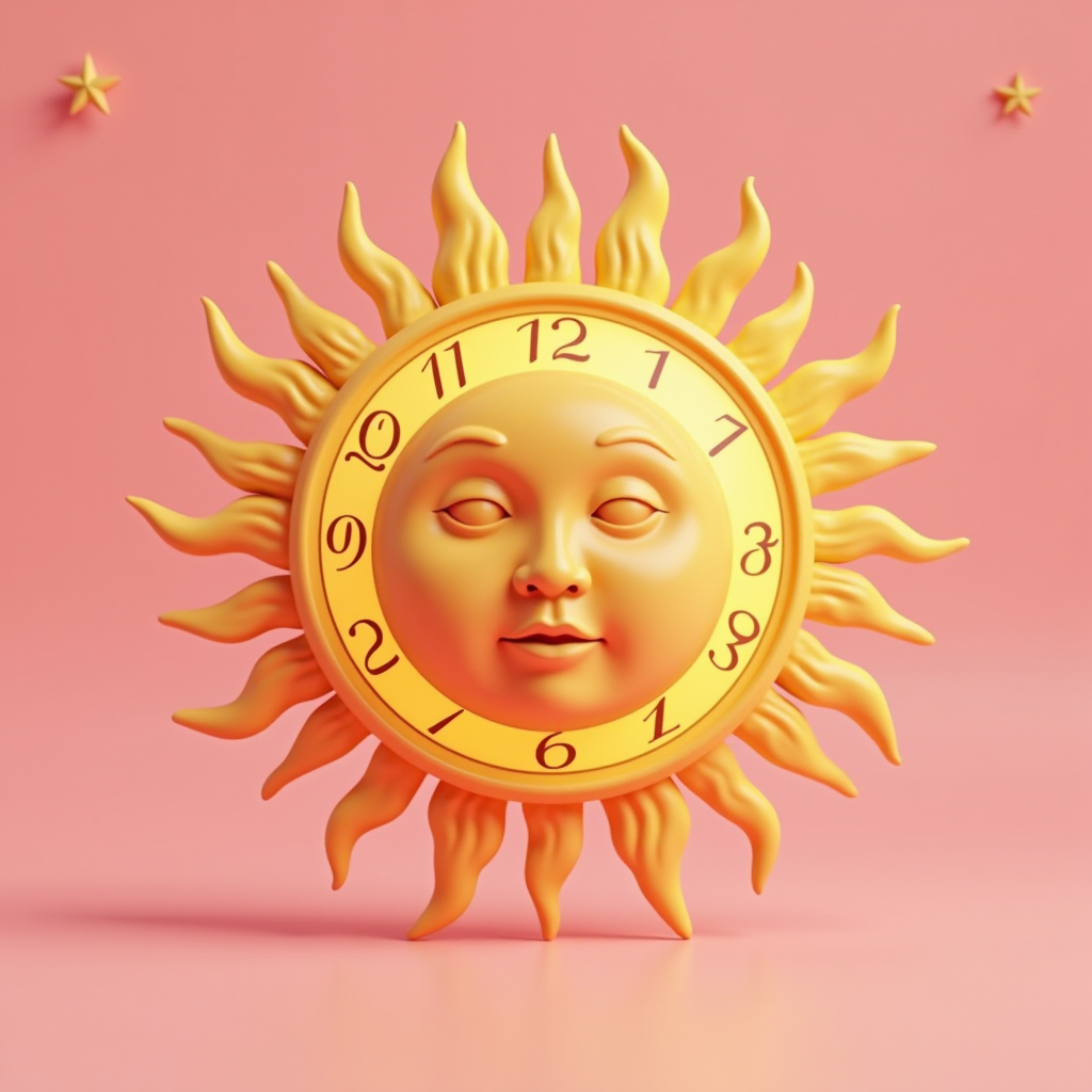 A clock with a sun face and wavy rays against a pink background.