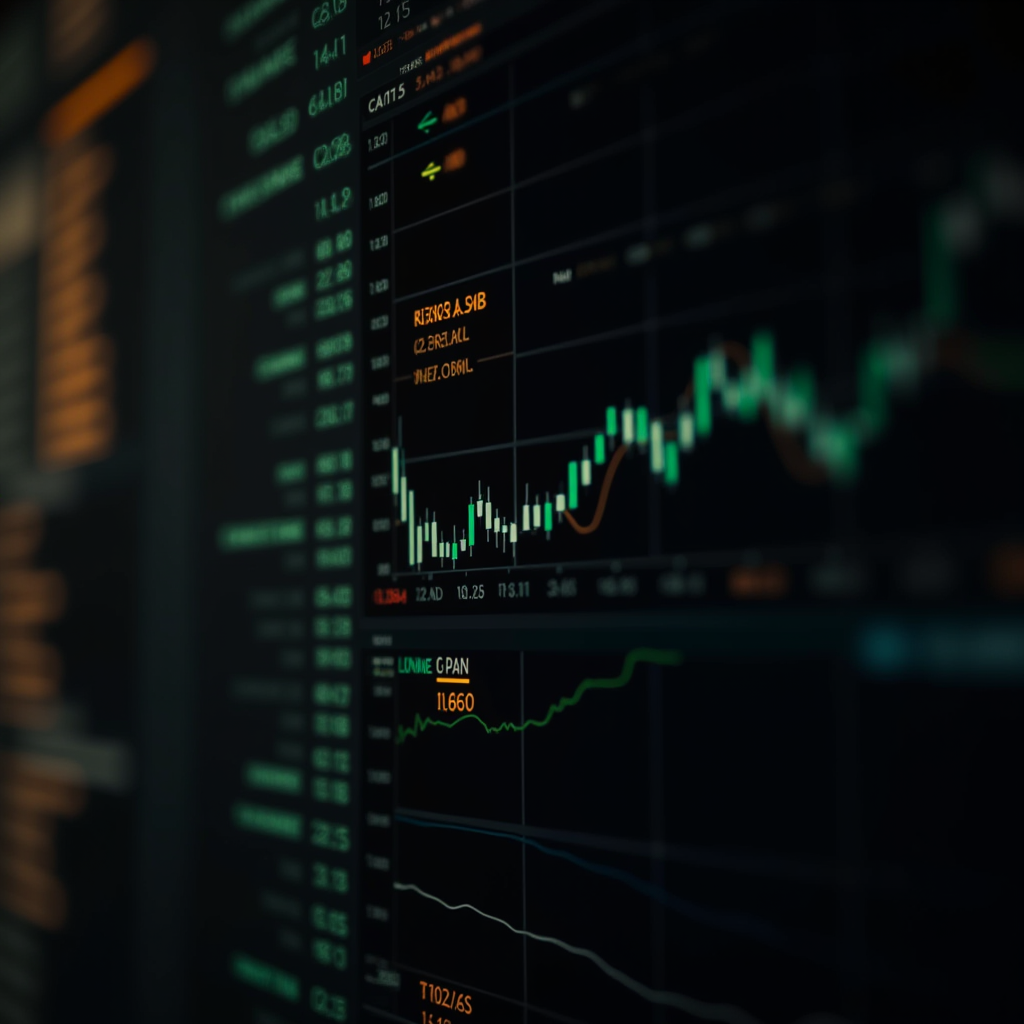 A screen displays fluctuating graph lines and numerical data, indicating financial market activity.