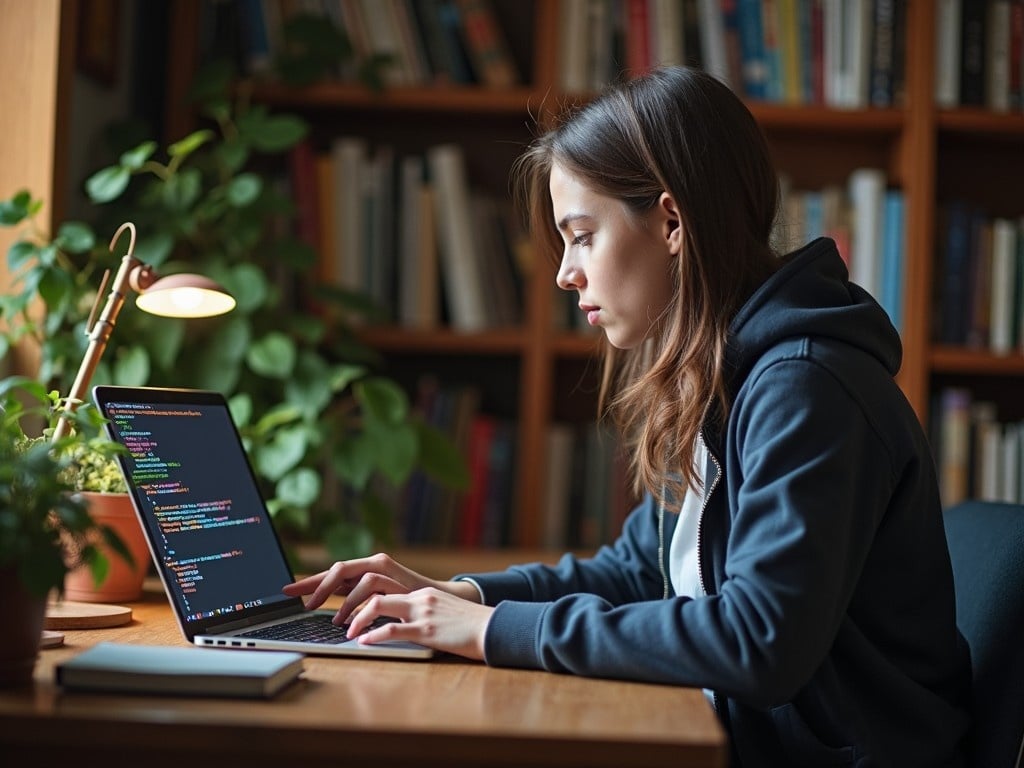 A student is seated at a wooden desk, engrossed in working on a laptop. The screen displays lines of code, indicating a programming task. Soft, warm lighting from a lamp adds a cozy atmosphere. Behind the student, there are bookshelves filled with books, suggesting a learning environment. The student appears focused and engaged in their work, wearing a comfortable hoodie, which adds a casual touch to the setting.