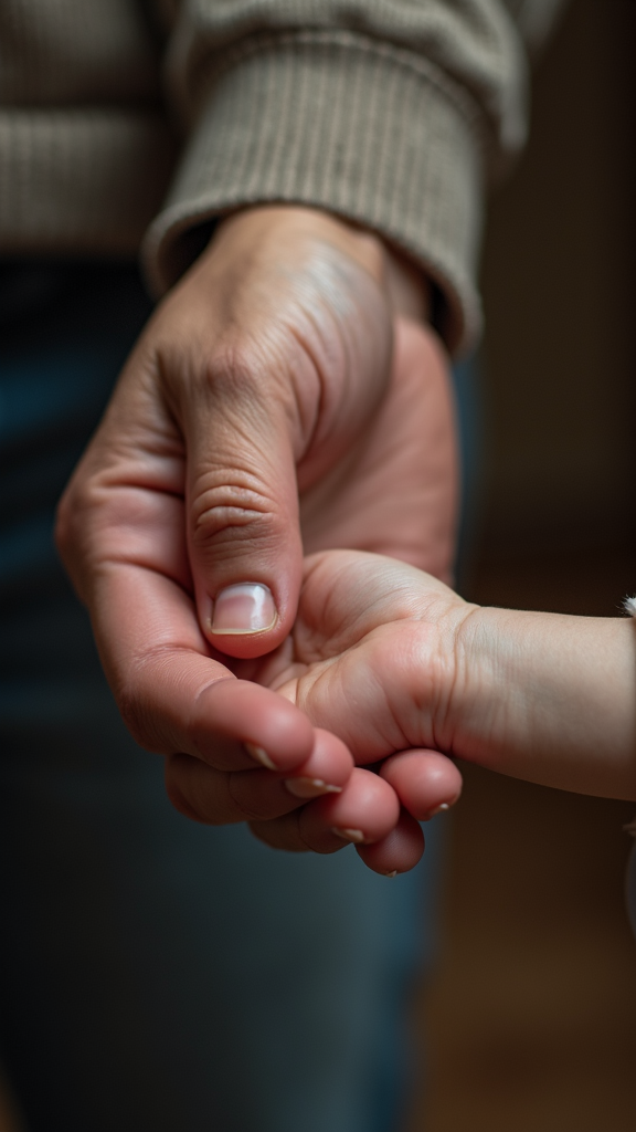 A close-up of an adult hand gently holding a child's hand, symbolizing care and connection.