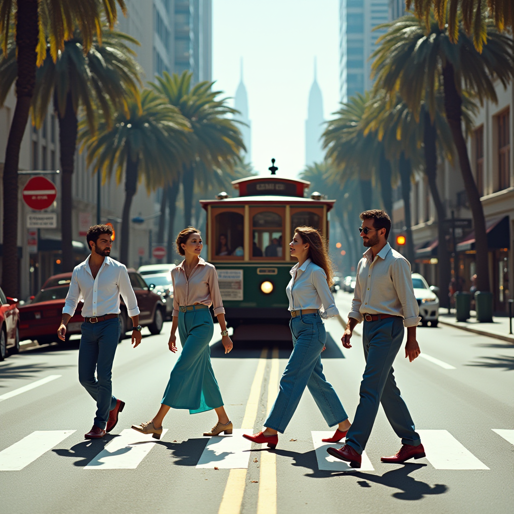 A stylish group of people crossing a city street with a trolley in the background.