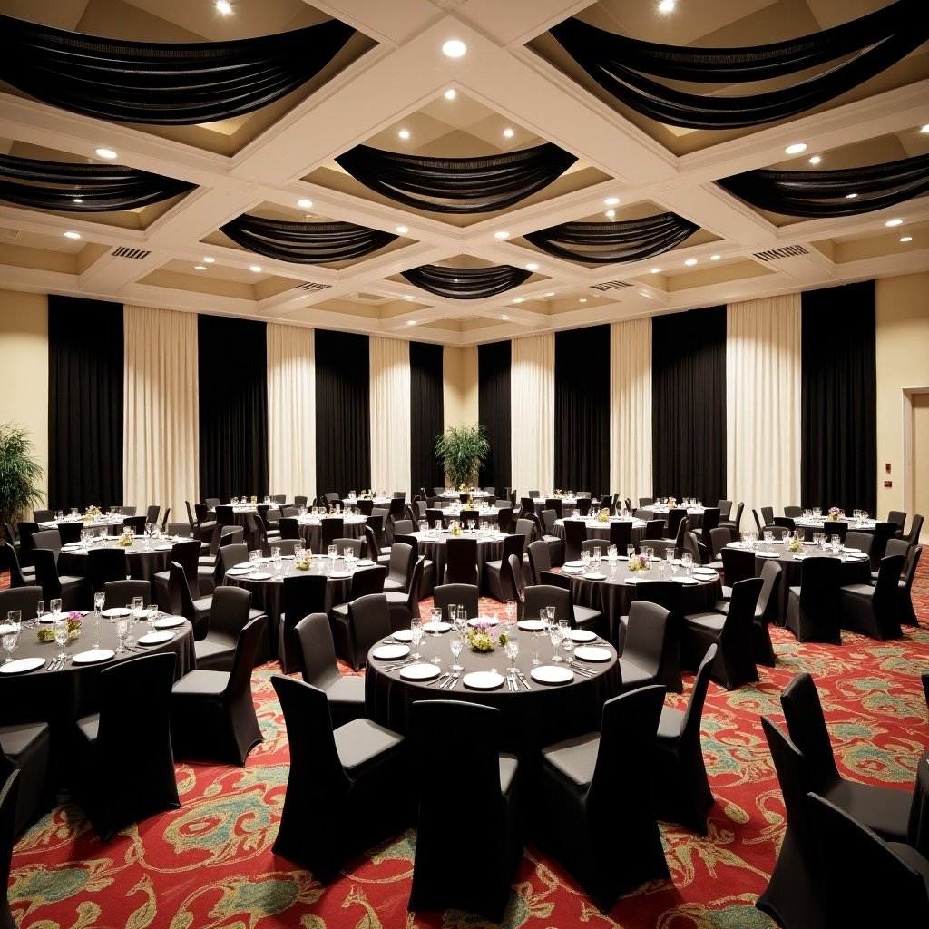 This image depicts a spacious banquet room measuring 200 feet by 200 feet, elegantly designed with black and white drapes hanging from the ceiling. The floors are covered with soft, red carpeting, complementing the sleek, black tables and chairs arranged around the room. Each table is meticulously set with plates, glasses, and decorations, ready for a formal gathering. Large, floor-to-ceiling black and white photographs of African American graduates adorn the walls, celebrating their achievements and diversity. The room is illuminated with warm, ambient lighting, providing an inviting atmosphere for guests.