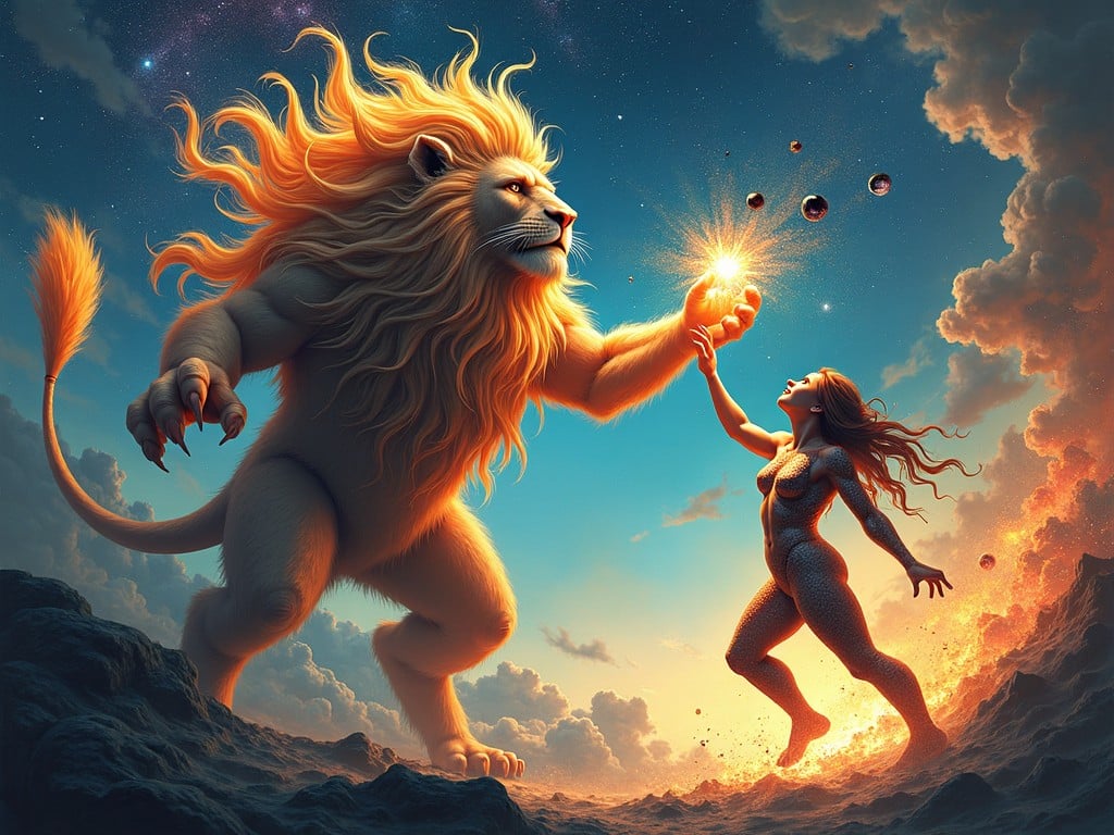 The image depicts an incredibly imaginative and cosmic scene. At the center, a majestic creature with a lion-like head and vibrant hair, radiating light, seems to be in a powerful stance. This creature is reaching out toward a figure that resembles a humanoid with intricate details and a dynamic pose. Both characters are surrounded by swirling galaxies and cosmic elements, emphasizing their otherworldly nature. Dark orbs of energy float in their grasp, adding to the tension and mystique of the moment. A mixture of bright and dark colors enhances the sense of depth and vibrancy in the artwork.